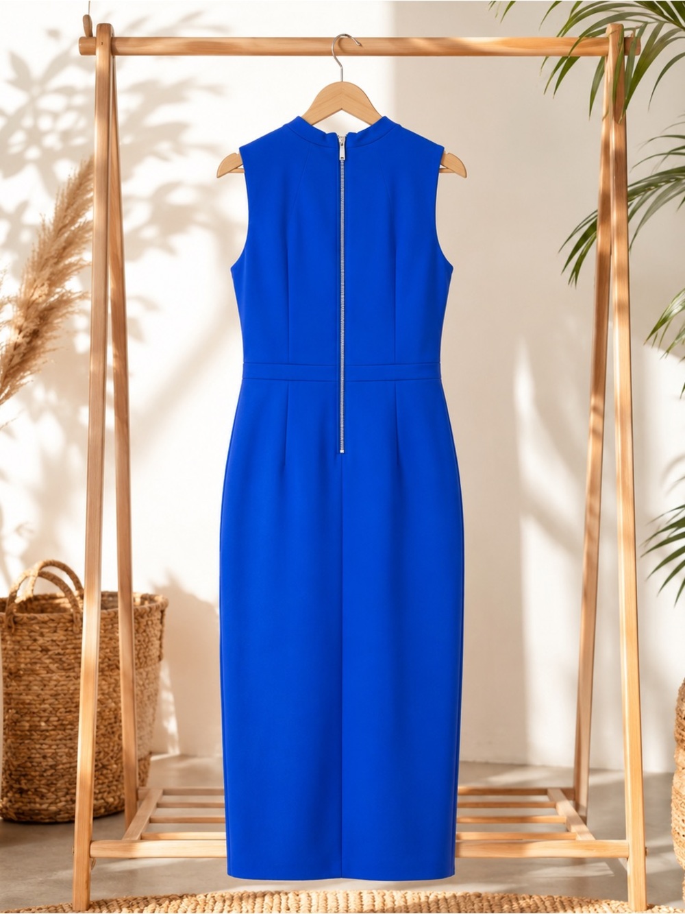 Calvin Klein Royal Blue Sleeves Midi Sheath Dress-Elegant Career Cocktail Dress - Picture 5 of 5